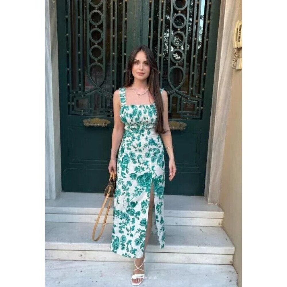 Zara Womens Midi Dress XS White Green Floral Smocked 8322/446 NWT